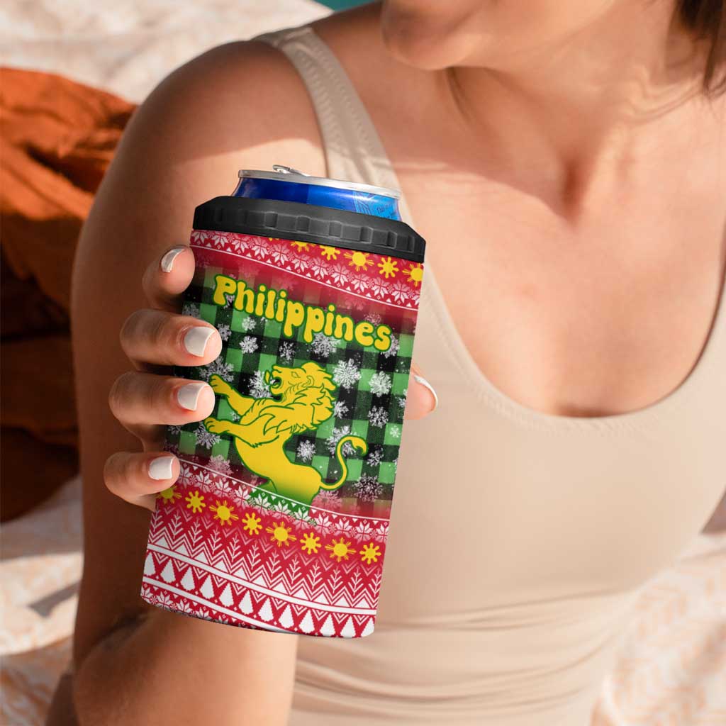 Philippines Christmas 4 in 1 Can Cooler Tumbler with Red-Green Plaid Design, Yellow Lion, and National Coat of Arms Motif - Wonder Print Shop
