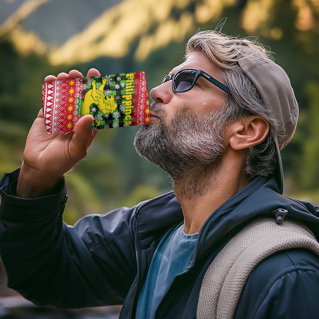 Philippines Christmas 4 in 1 Can Cooler Tumbler with Red-Green Plaid Design, Yellow Lion, and National Coat of Arms Motif - Wonder Print Shop
