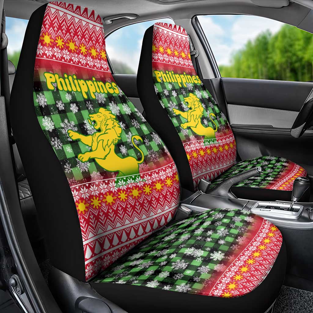 Philippines Christmas Car Seat Cover with Red-Green Plaid Design, Yellow Lion, and National Coat of Arms Motif - Wonder Print Shop