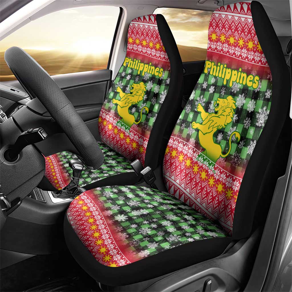 Philippines Christmas Car Seat Cover with Red-Green Plaid Design, Yellow Lion, and National Coat of Arms Motif - Wonder Print Shop