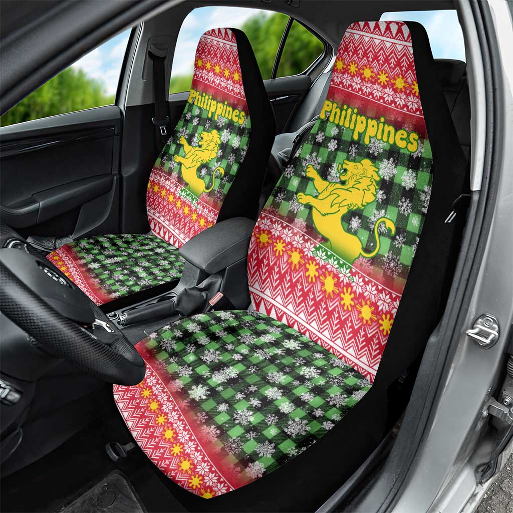 Philippines Christmas Car Seat Cover with Red-Green Plaid Design, Yellow Lion, and National Coat of Arms Motif - Wonder Print Shop