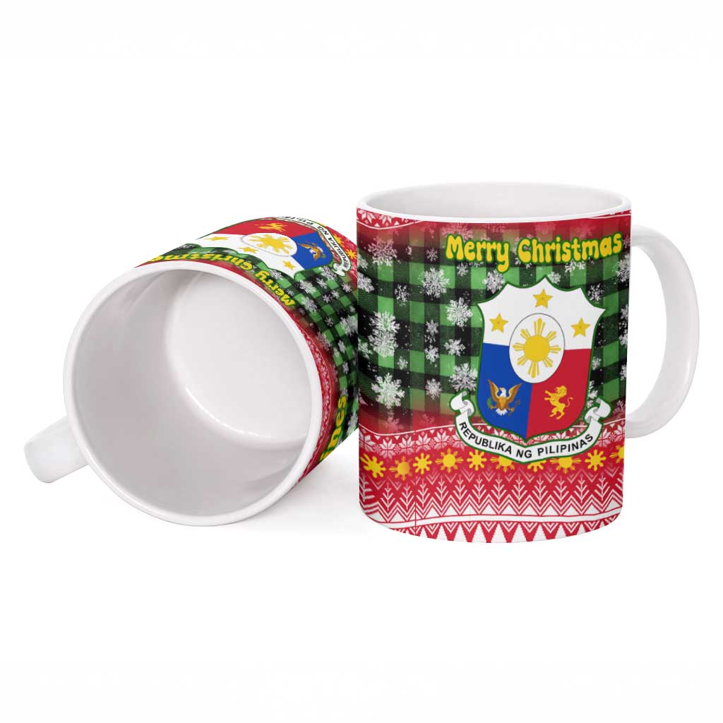 Philippines Christmas Ceramic Mug with Red-Green Plaid Design, Yellow Lion, and National Coat of Arms Motif - Wonder Print Shop