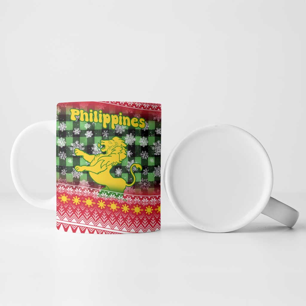 Philippines Christmas Ceramic Mug with Red-Green Plaid Design, Yellow Lion, and National Coat of Arms Motif - Wonder Print Shop