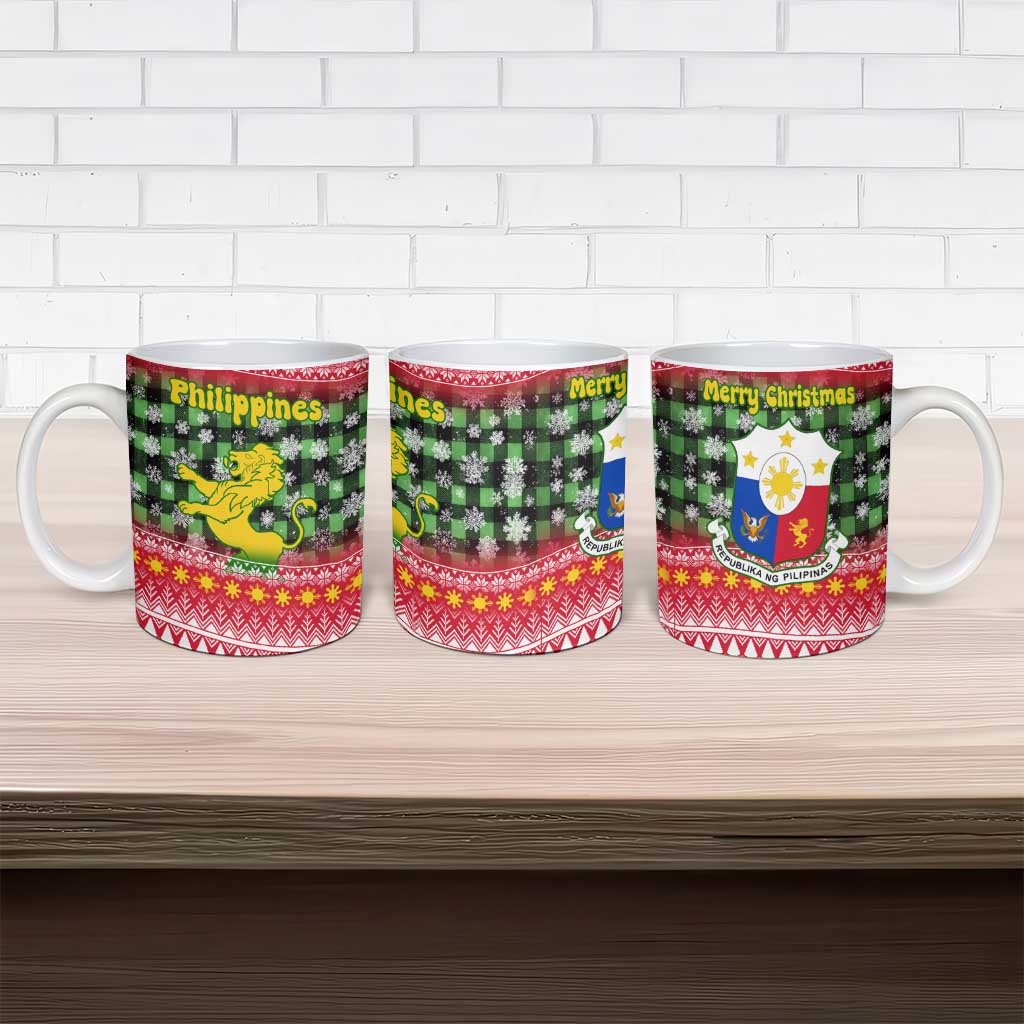 Philippines Christmas Ceramic Mug with Red-Green Plaid Design, Yellow Lion, and National Coat of Arms Motif - Wonder Print Shop