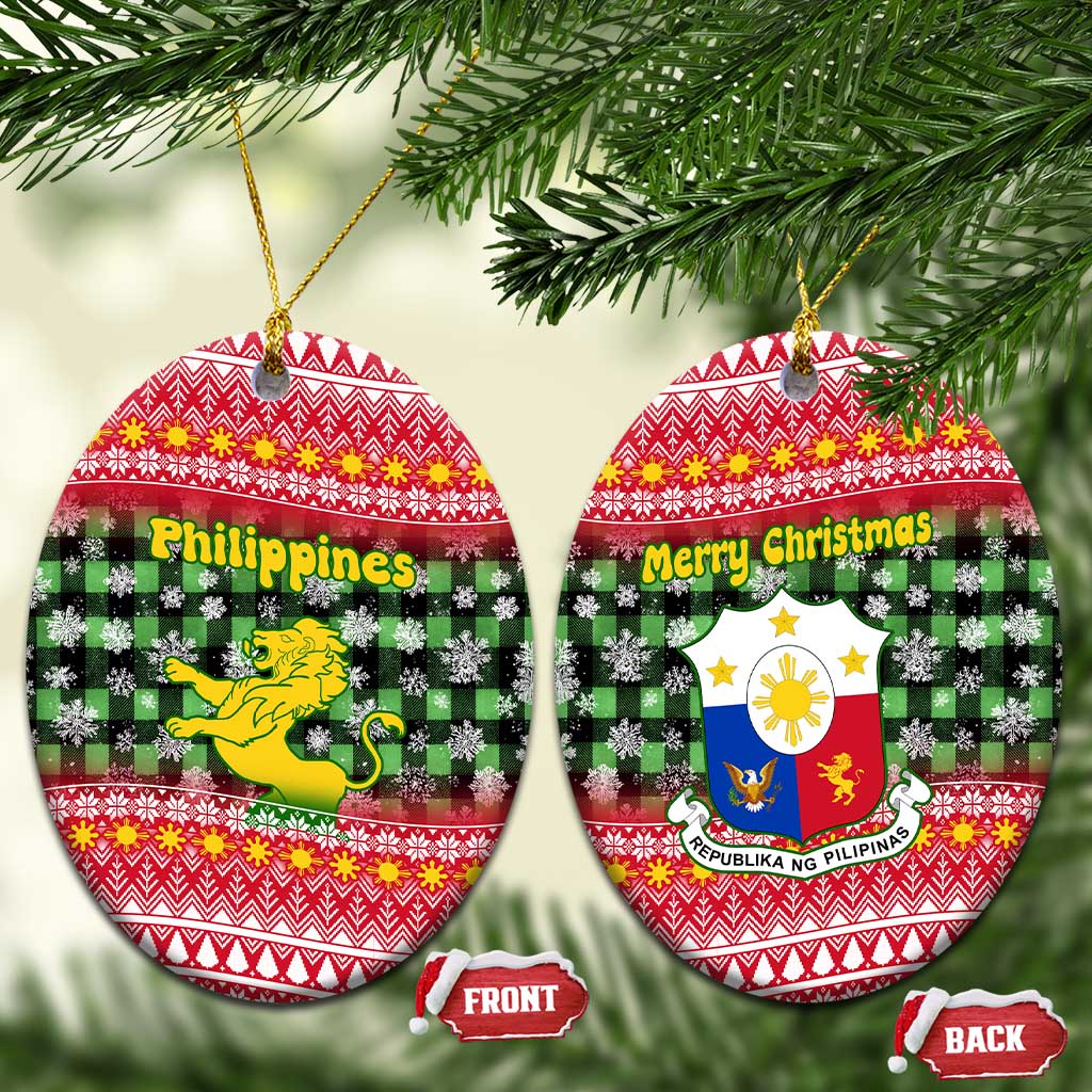Philippines Christmas Ceramic Ornament with Red-Green Plaid Design, Yellow Lion, and National Coat of Arms Motif - Wonder Print Shop