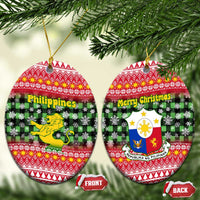 Philippines Christmas Ceramic Ornament with Red-Green Plaid Design, Yellow Lion, and National Coat of Arms Motif - Wonder Print Shop