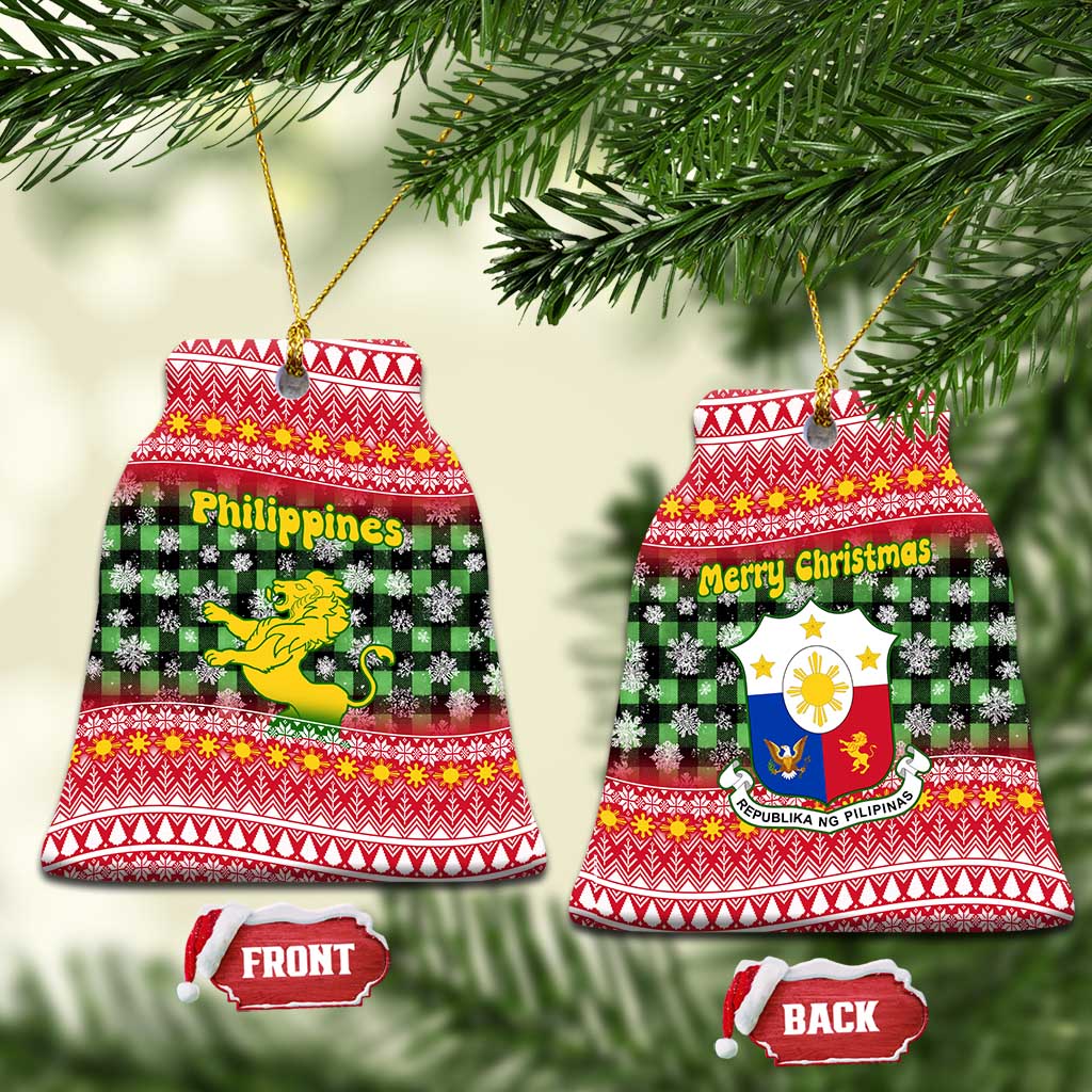 Philippines Christmas Ceramic Ornament with Red-Green Plaid Design, Yellow Lion, and National Coat of Arms Motif - Wonder Print Shop
