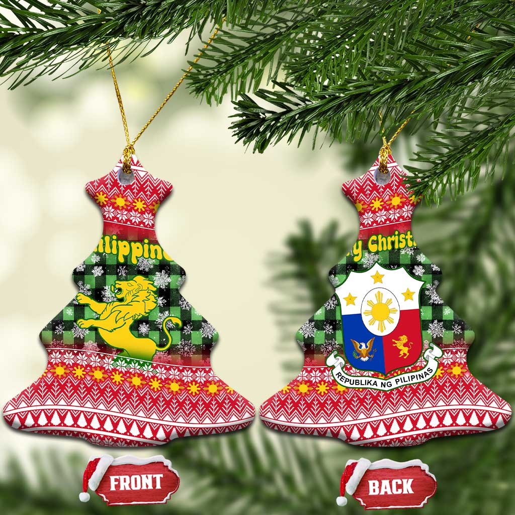 Philippines Christmas Ceramic Ornament with Red-Green Plaid Design, Yellow Lion, and National Coat of Arms Motif - Wonder Print Shop