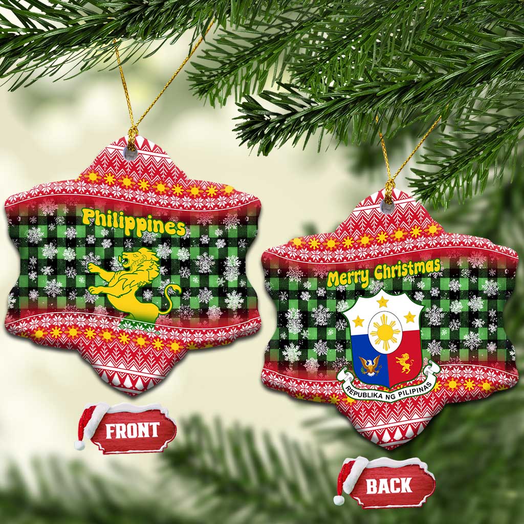 Philippines Christmas Ceramic Ornament with Red-Green Plaid Design, Yellow Lion, and National Coat of Arms Motif - Wonder Print Shop