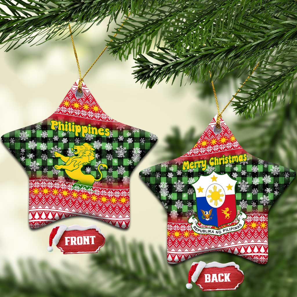 Philippines Christmas Ceramic Ornament with Red-Green Plaid Design, Yellow Lion, and National Coat of Arms Motif - Wonder Print Shop