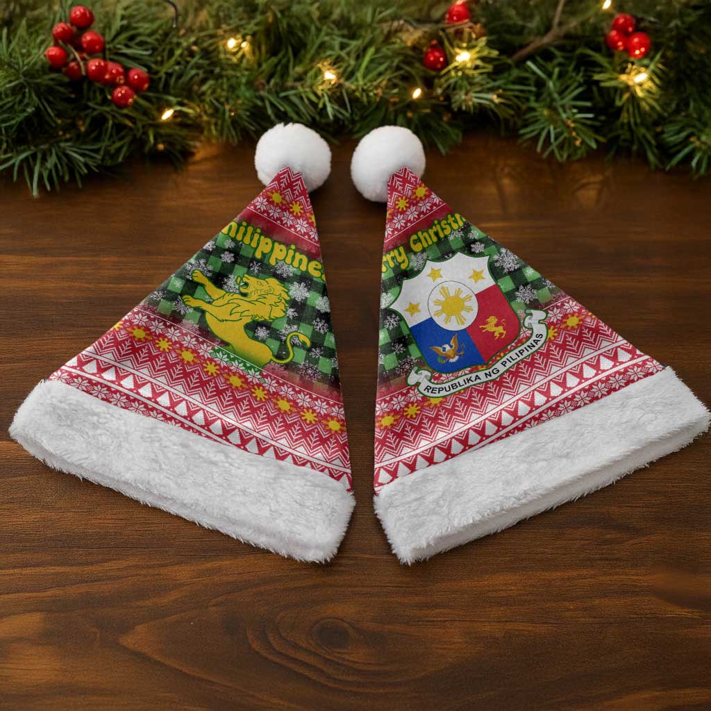 Philippines Christmas Santa Hat with Red-Green Plaid Design, Yellow Lion, and National Coat of Arms Motif - Wonder Print Shop