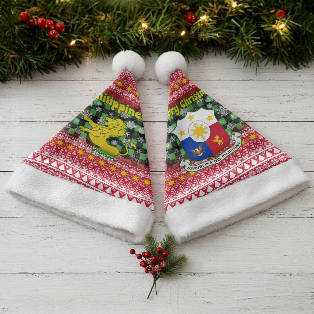Philippines Christmas Santa Hat with Red-Green Plaid Design, Yellow Lion, and National Coat of Arms Motif - Wonder Print Shop