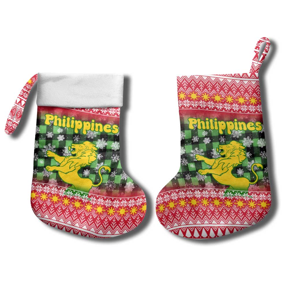 Philippines Christmas Stocking with Red-Green Plaid Design, Yellow Lion, and National Coat of Arms Motif - Wonder Print Shop