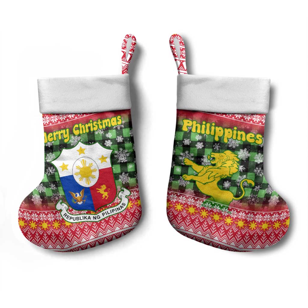 Philippines Christmas Stocking with Red-Green Plaid Design, Yellow Lion, and National Coat of Arms Motif - Wonder Print Shop