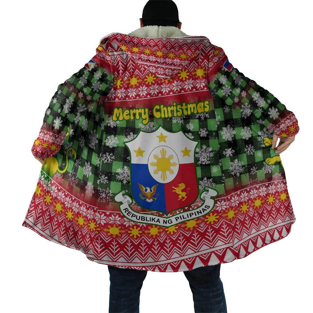 Philippines Christmas Cloak with Red-Green Plaid Design, Yellow Lion, and National Coat of Arms Motif - Wonder Print Shop