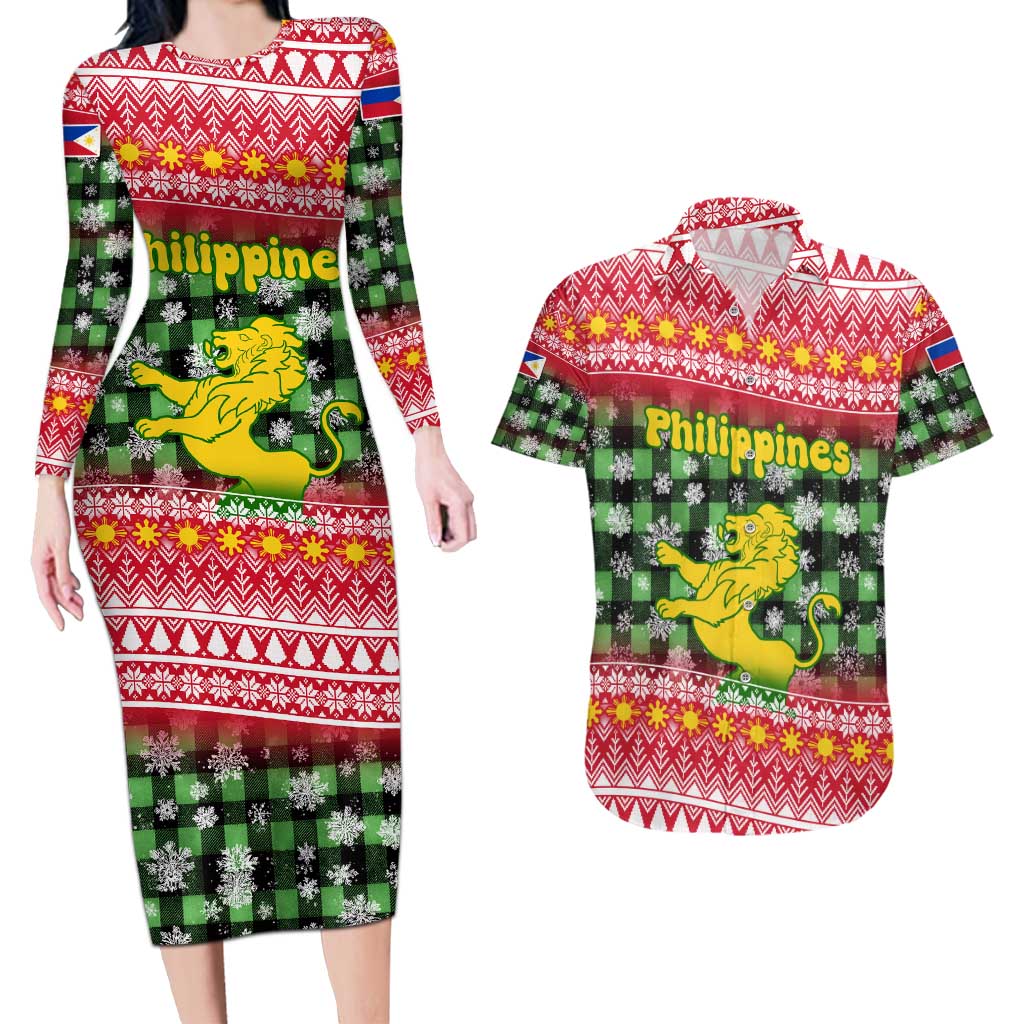 Philippines Christmas Couples Matching Long Sleeve Bodycon Dress and Hawaiian Shirt with Red-Green Plaid Design, Yellow Lion, and National Coat of Arms Motif - Wonder Print Shop