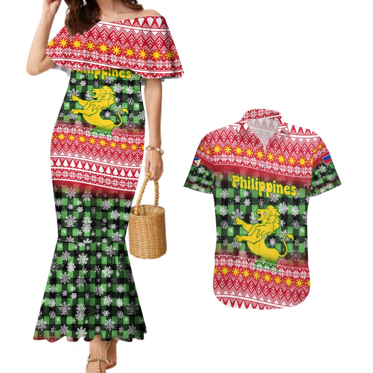 Philippines Christmas Couples Matching Mermaid Dress and Hawaiian Shirt with Red-Green Plaid Design, Yellow Lion, and National Coat of Arms Motif - Wonder Print Shop