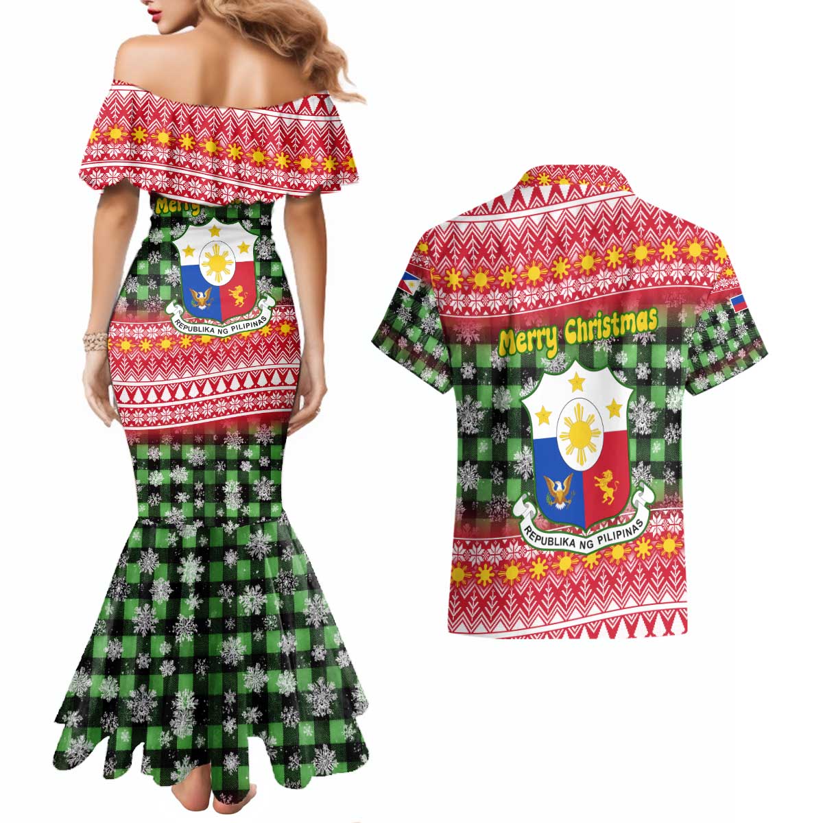 Philippines Christmas Couples Matching Mermaid Dress and Hawaiian Shirt with Red-Green Plaid Design, Yellow Lion, and National Coat of Arms Motif - Wonder Print Shop