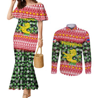 Philippines Christmas Couples Matching Mermaid Dress and Long Sleeve Button Shirt with Red-Green Plaid Design, Yellow Lion, and National Coat of Arms Motif - Wonder Print Shop