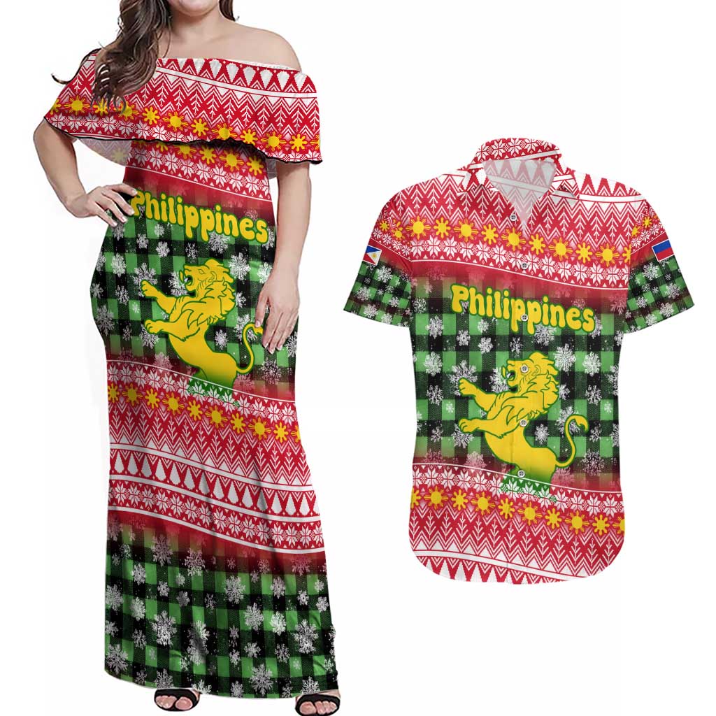 Philippines Christmas Couples Matching Off Shoulder Maxi Dress and Hawaiian Shirt with Red-Green Plaid Design, Yellow Lion, and National Coat of Arms Motif - Wonder Print Shop