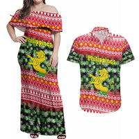 Philippines Christmas Couples Matching Off Shoulder Maxi Dress and Hawaiian Shirt with Red-Green Plaid Design, Yellow Lion, and National Coat of Arms Motif - Wonder Print Shop