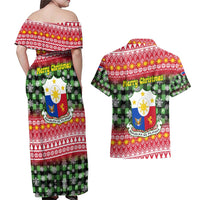 Philippines Christmas Couples Matching Off Shoulder Maxi Dress and Hawaiian Shirt with Red-Green Plaid Design, Yellow Lion, and National Coat of Arms Motif - Wonder Print Shop
