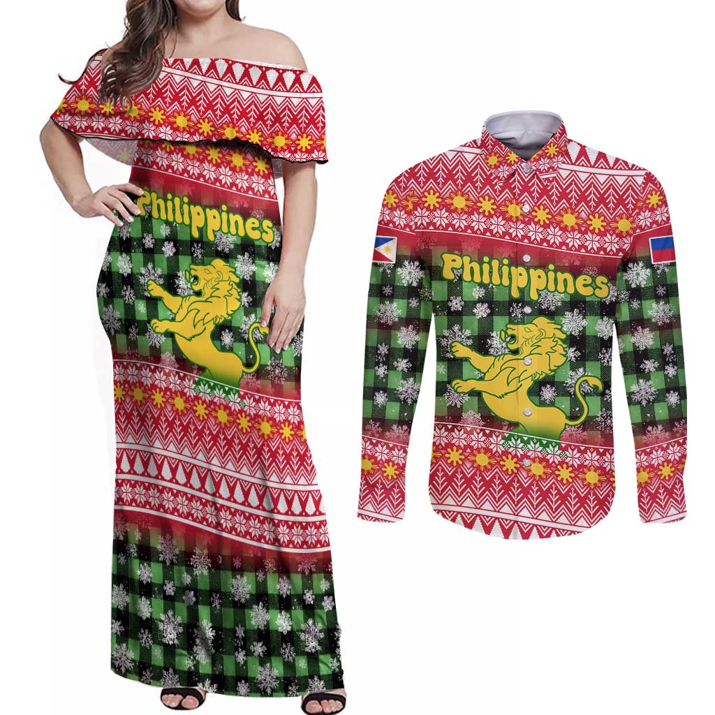 Philippines Christmas Couples Matching Off Shoulder Maxi Dress and Long Sleeve Button Shirt with Red-Green Plaid Design, Yellow Lion, and National Coat of Arms Motif - Wonder Print Shop
