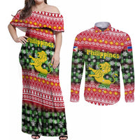 Philippines Christmas Couples Matching Off Shoulder Maxi Dress and Long Sleeve Button Shirt with Red-Green Plaid Design, Yellow Lion, and National Coat of Arms Motif - Wonder Print Shop