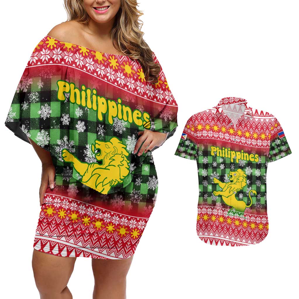 Philippines Christmas Couples Matching Off Shoulder Short Dress and Hawaiian Shirt with Red-Green Plaid Design, Yellow Lion, and National Coat of Arms Motif - Wonder Print Shop