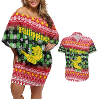 Philippines Christmas Couples Matching Off Shoulder Short Dress and Hawaiian Shirt with Red-Green Plaid Design, Yellow Lion, and National Coat of Arms Motif - Wonder Print Shop