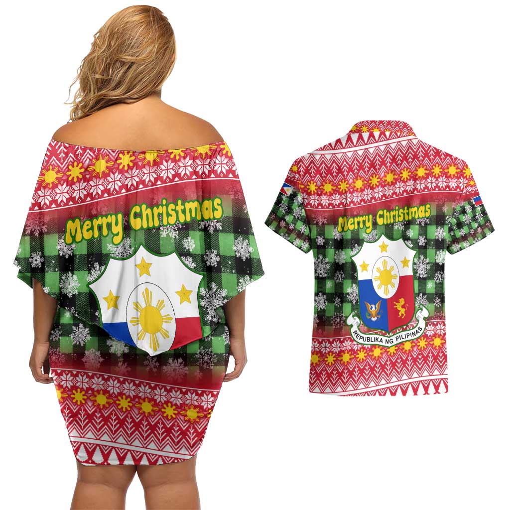 Philippines Christmas Couples Matching Off Shoulder Short Dress and Hawaiian Shirt with Red-Green Plaid Design, Yellow Lion, and National Coat of Arms Motif - Wonder Print Shop