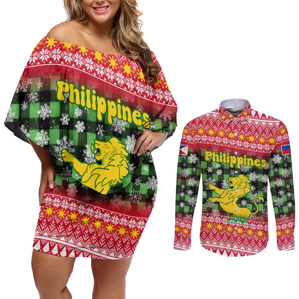 Philippines Christmas Couples Matching Off Shoulder Short Dress and Long Sleeve Button Shirt with Red-Green Plaid Design, Yellow Lion, and National Coat of Arms Motif - Wonder Print Shop