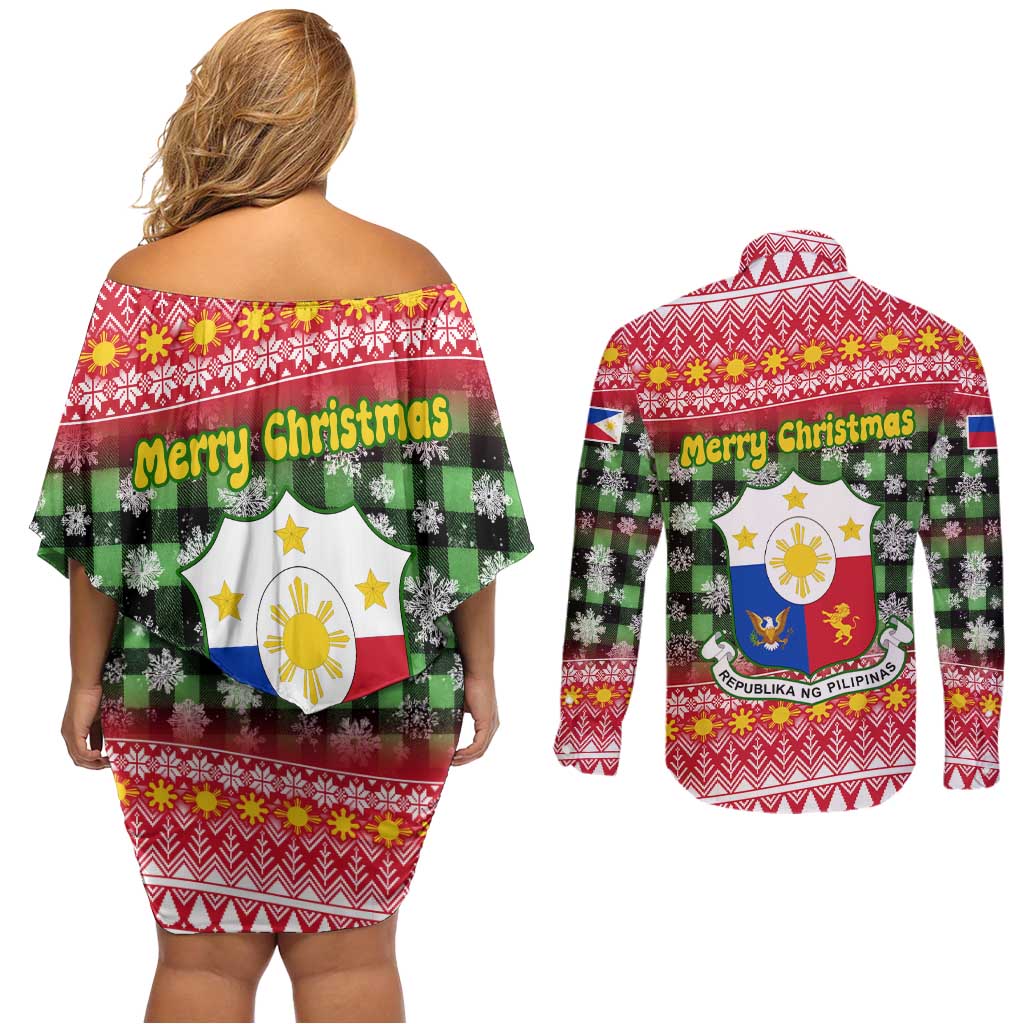 Philippines Christmas Couples Matching Off Shoulder Short Dress and Long Sleeve Button Shirt with Red-Green Plaid Design, Yellow Lion, and National Coat of Arms Motif - Wonder Print Shop