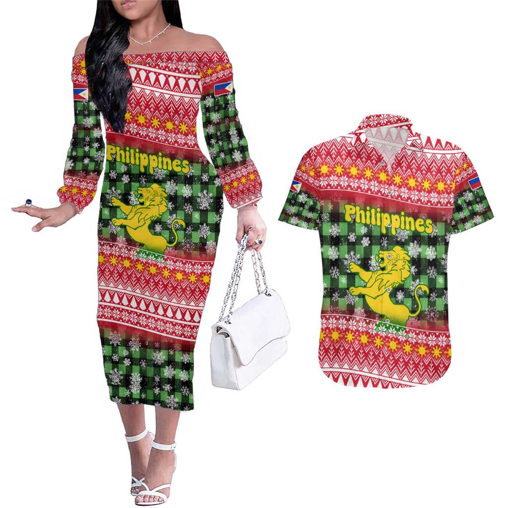Philippines Christmas Couples Matching Off The Shoulder Long Sleeve Dress and Hawaiian Shirt with Red-Green Plaid Design, Yellow Lion, and National Coat of Arms Motif - Wonder Print Shop