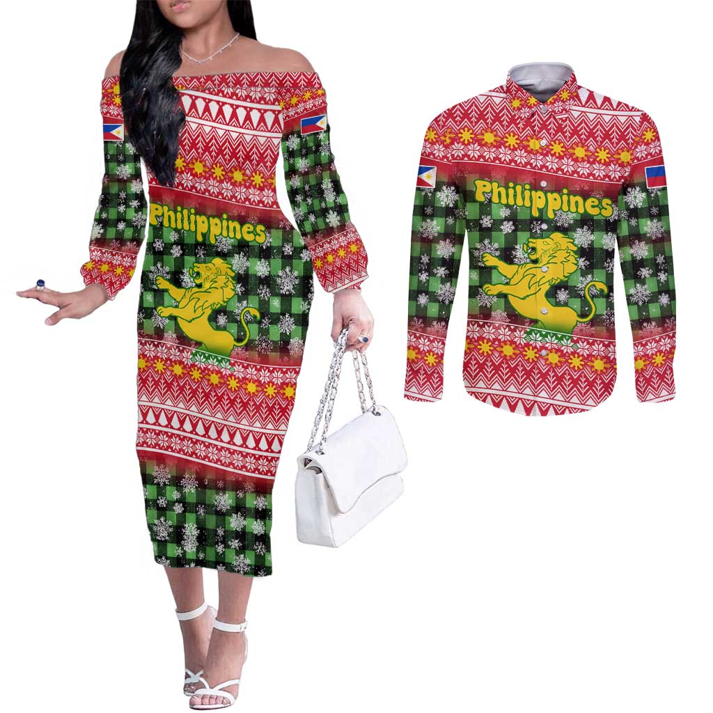 Philippines Christmas Couples Matching Off The Shoulder Long Sleeve Dress and Long Sleeve Button Shirt with Red-Green Plaid Design, Yellow Lion, and National Coat of Arms Motif - Wonder Print Shop