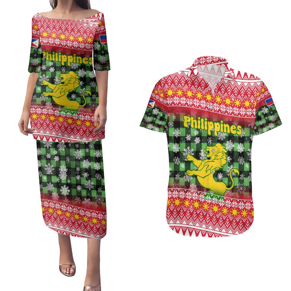 Philippines Christmas Couples Matching Puletasi and Hawaiian Shirt with Red-Green Plaid Design, Yellow Lion, and National Coat of Arms Motif - Wonder Print Shop