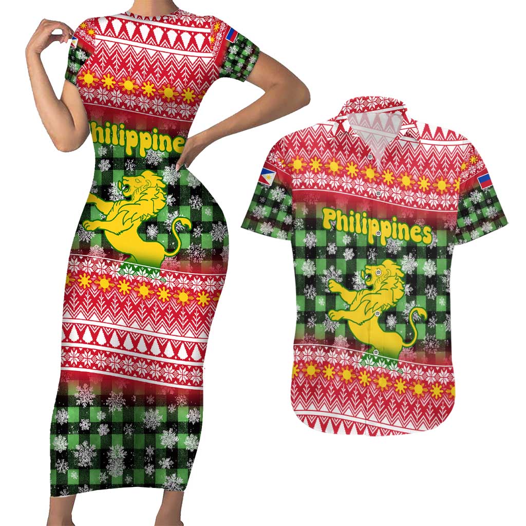 Philippines Christmas Couples Matching Short Sleeve Bodycon Dress and Hawaiian Shirt with Red-Green Plaid Design, Yellow Lion, and National Coat of Arms Motif - Wonder Print Shop