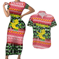 Philippines Christmas Couples Matching Short Sleeve Bodycon Dress and Hawaiian Shirt with Red-Green Plaid Design, Yellow Lion, and National Coat of Arms Motif - Wonder Print Shop