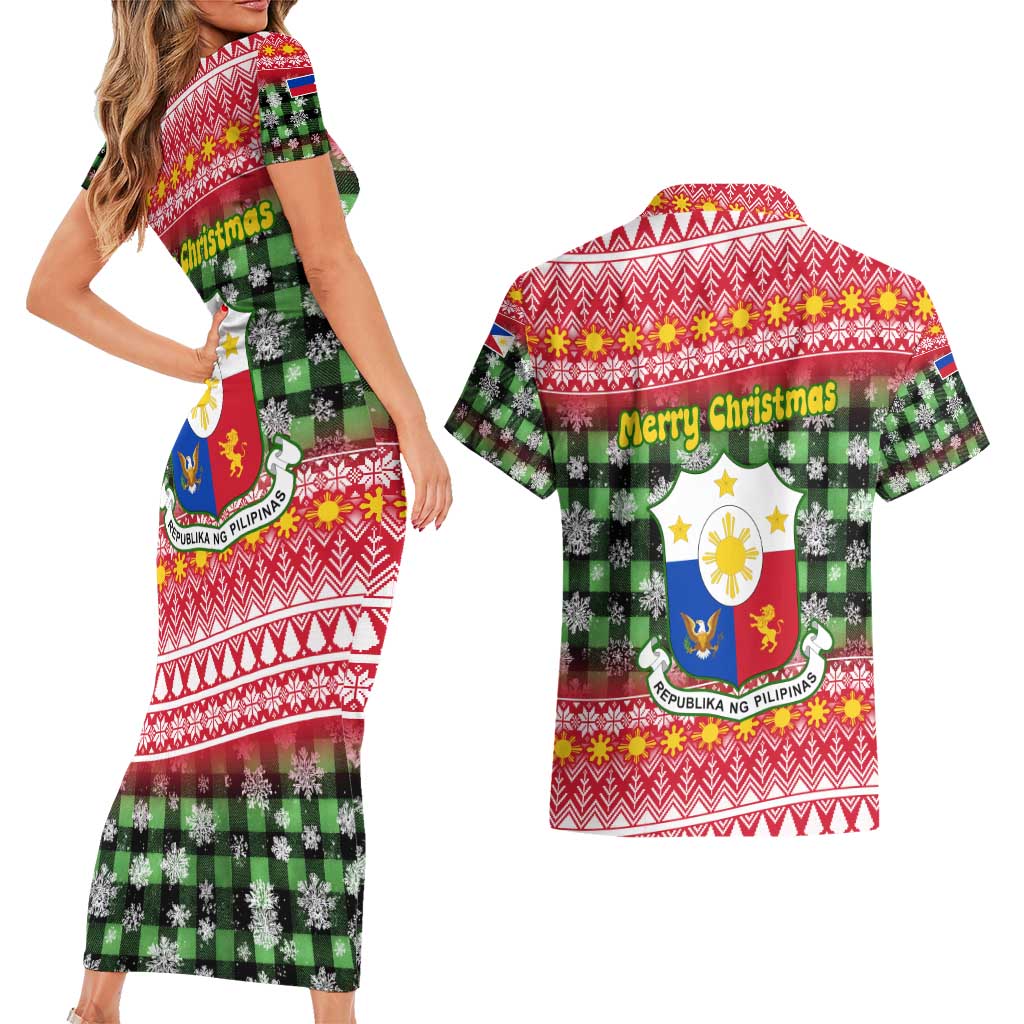 Philippines Christmas Couples Matching Short Sleeve Bodycon Dress and Hawaiian Shirt with Red-Green Plaid Design, Yellow Lion, and National Coat of Arms Motif - Wonder Print Shop