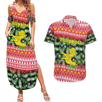 Philippines Christmas Couples Matching Summer Maxi Dress and Hawaiian Shirt with Red-Green Plaid Design, Yellow Lion, and National Coat of Arms Motif - Wonder Print Shop