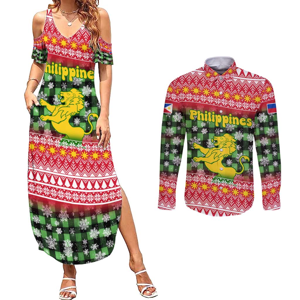 Philippines Christmas Couples Matching Summer Maxi Dress and Long Sleeve Button Shirt with Red-Green Plaid Design, Yellow Lion, and National Coat of Arms Motif - Wonder Print Shop