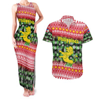 Philippines Christmas Couples Matching Tank Maxi Dress and Hawaiian Shirt with Red-Green Plaid Design, Yellow Lion, and National Coat of Arms Motif - Wonder Print Shop