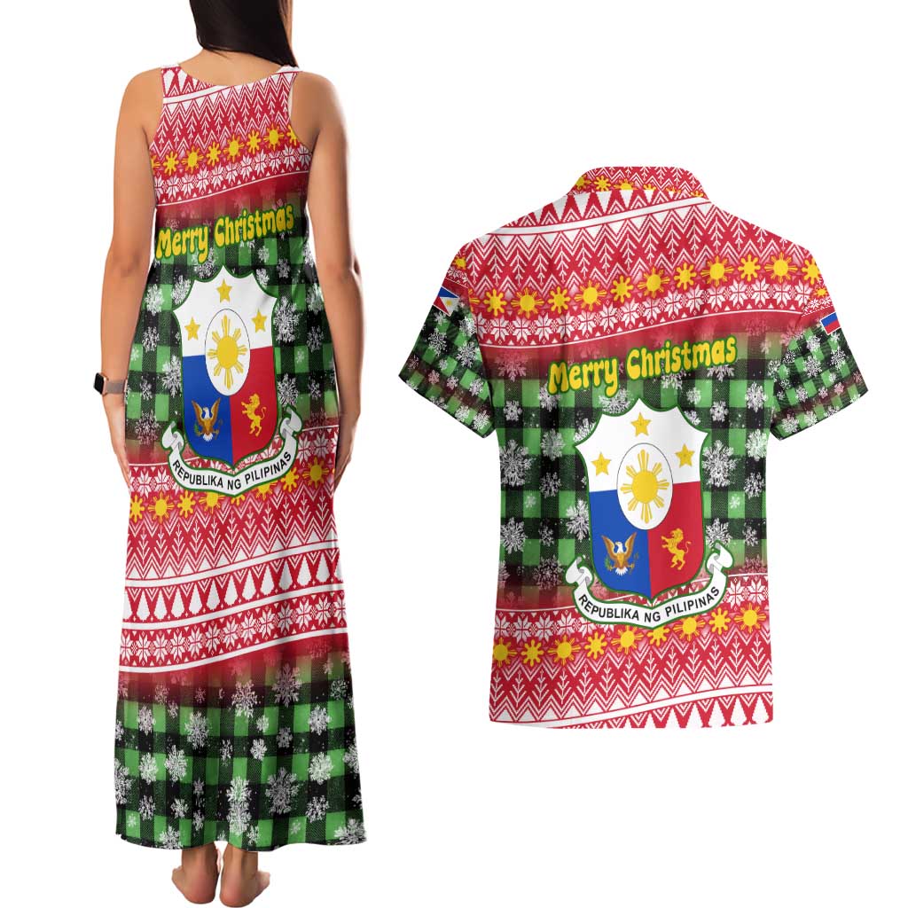 Philippines Christmas Couples Matching Tank Maxi Dress and Hawaiian Shirt with Red-Green Plaid Design, Yellow Lion, and National Coat of Arms Motif - Wonder Print Shop