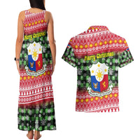 Philippines Christmas Couples Matching Tank Maxi Dress and Hawaiian Shirt with Red-Green Plaid Design, Yellow Lion, and National Coat of Arms Motif - Wonder Print Shop