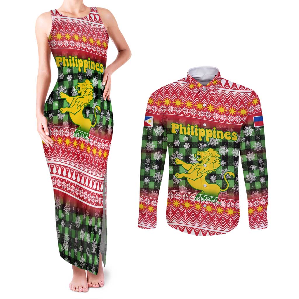 Philippines Christmas Couples Matching Tank Maxi Dress and Long Sleeve Button Shirt with Red-Green Plaid Design, Yellow Lion, and National Coat of Arms Motif - Wonder Print Shop