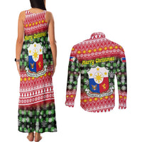 Philippines Christmas Couples Matching Tank Maxi Dress and Long Sleeve Button Shirt with Red-Green Plaid Design, Yellow Lion, and National Coat of Arms Motif - Wonder Print Shop