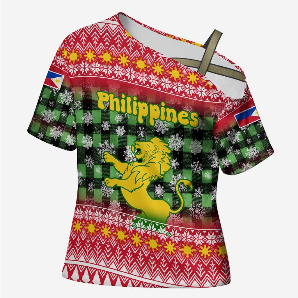 Philippines Christmas Cross Shoulder Shirt with Red-Green Plaid Design, Yellow Lion, and National Coat of Arms Motif - Wonder Print Shop