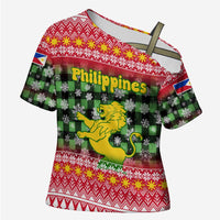 Philippines Christmas Cross Shoulder Shirt with Red-Green Plaid Design, Yellow Lion, and National Coat of Arms Motif - Wonder Print Shop