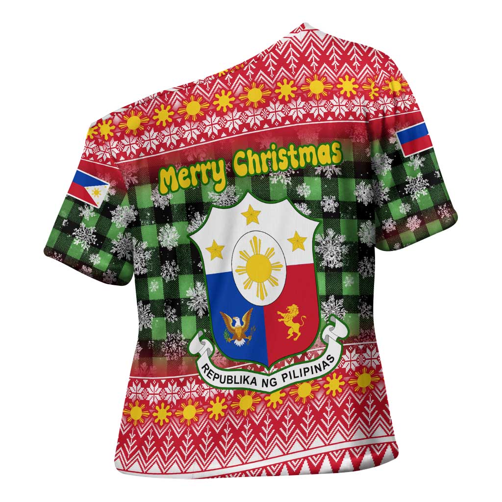 Philippines Christmas Cross Shoulder Shirt with Red-Green Plaid Design, Yellow Lion, and National Coat of Arms Motif - Wonder Print Shop