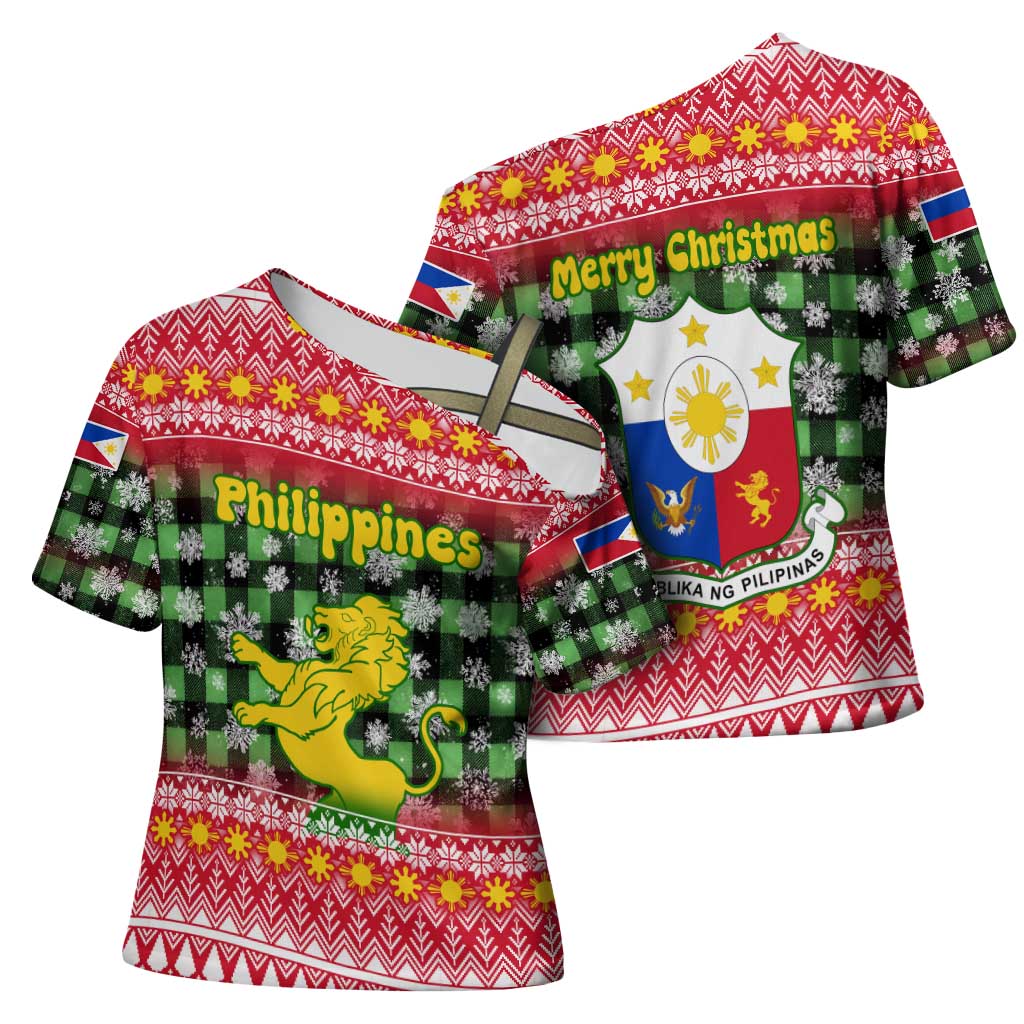 Philippines Christmas Cross Shoulder Shirt with Red-Green Plaid Design, Yellow Lion, and National Coat of Arms Motif - Wonder Print Shop
